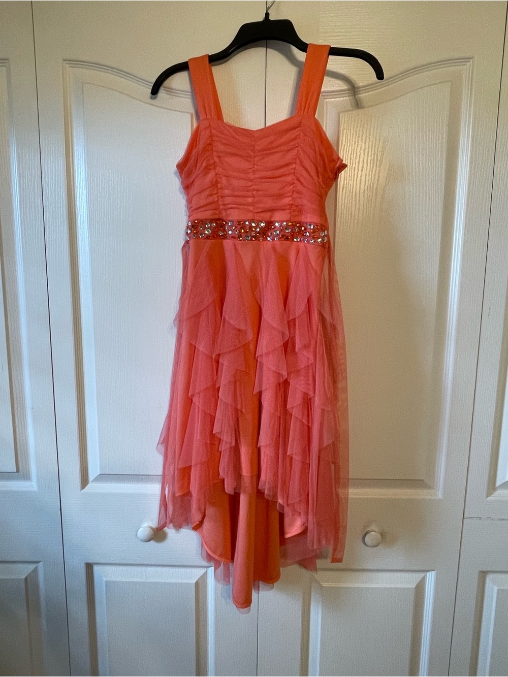 Girls' Coral Pink Ruffled Party Dress with Embellished Waist